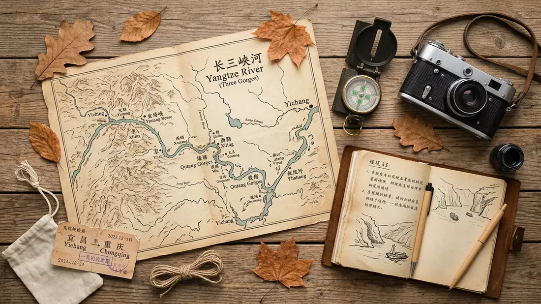 Flatlay-Reise-Arrangement rund um Drei Schluchten in Yichang, China