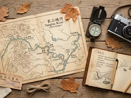 Flatlay-Reise-Arrangement rund um Drei Schluchten in Yichang China, Karte Kompass Kamera und generische Reiserequisiten - Foto: THN
