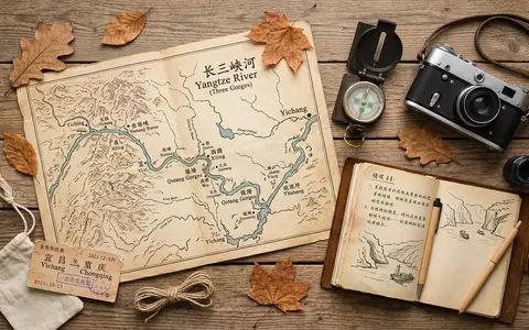 Flatlay-Reise-Arrangement rund um Drei Schluchten in Yichang China, Karte Kompass Kamera und generische Reiserequisiten - Foto: THN