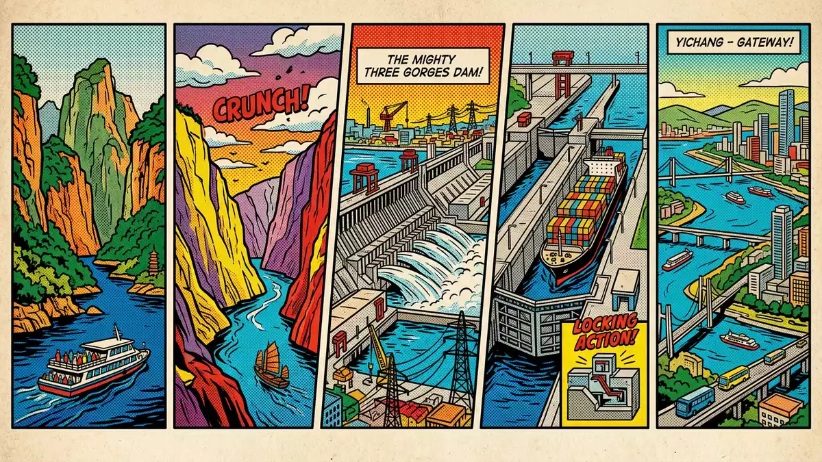 Pop-Art-Comic von Drei Schluchten in Yichang, China mit Rasterpunkten