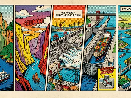 Pop-Art-Comicillustration des Wahrzeichens Drei Schluchten in Yichang China, kraeftige Konturen Rasterpunkte und satte Farben - Foto: THN