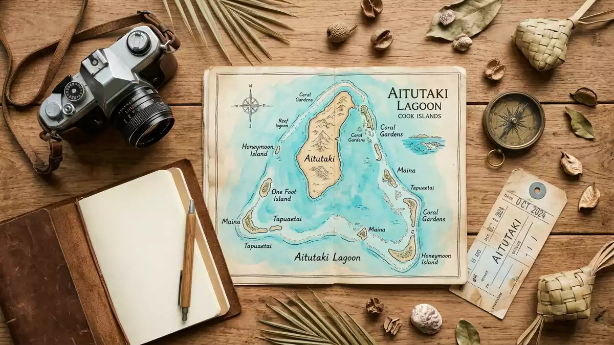 Flatlay-Reise-Arrangement rund um Aitutaki-Lagune in Aitutaki, Cookinseln