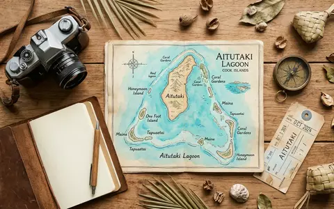 Flatlay-Reise-Arrangement rund um Aitutaki-Lagune in Aitutaki Cookinseln, Karte Kompass Kamera und generische Reiserequisiten - Foto: THN