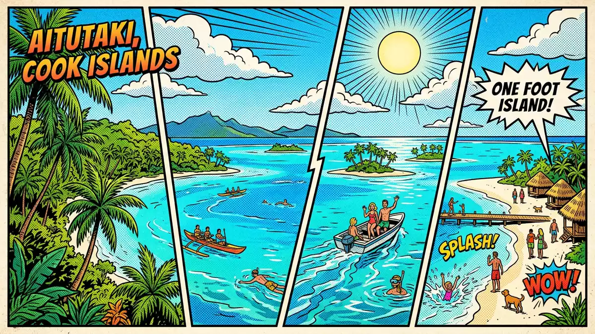 Pop-Art-Comic von Aitutaki-Lagune in Aitutaki, Cookinseln mit Rasterpunkten