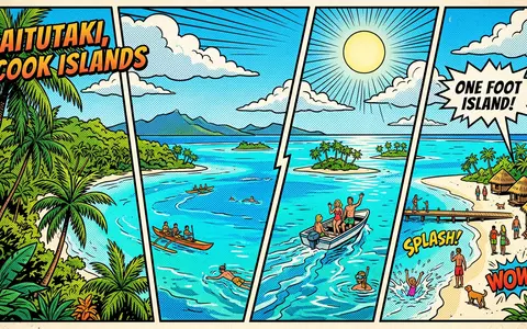 Pop-Art-Comicillustration des Wahrzeichens Aitutaki-Lagune in Aitutaki Cookinseln, kraeftige Konturen Rasterpunkte und satte Farben - Foto: THN