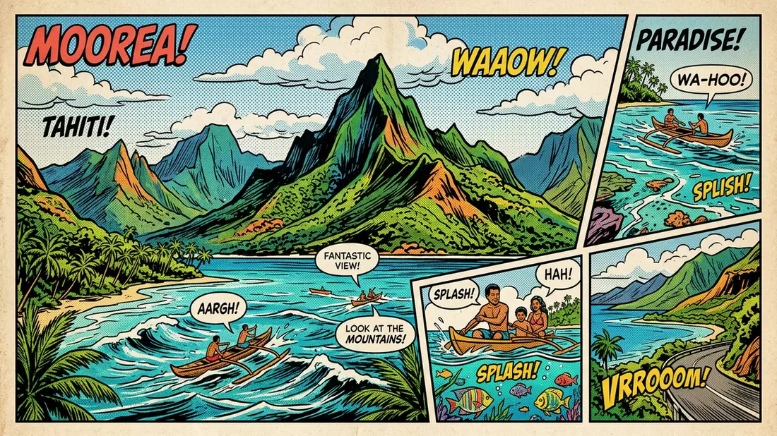 Pop-Art-Comic von Moorea in Moorea, Franzosisch-Polynesien mit Rasterpunkten