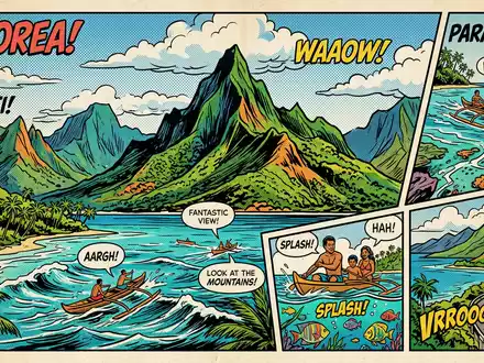 Pop-Art-Comicillustration des Wahrzeichens Moorea in Moorea Franzosisch-Polynesien, kraeftige Konturen Rasterpunkte und satte Farben - Foto: THN