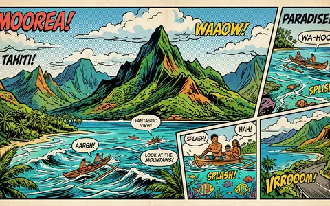 Pop-Art-Comicillustration des Wahrzeichens Moorea in Moorea Franzosisch-Polynesien, kraeftige Konturen Rasterpunkte und satte Farben - Foto: THN
