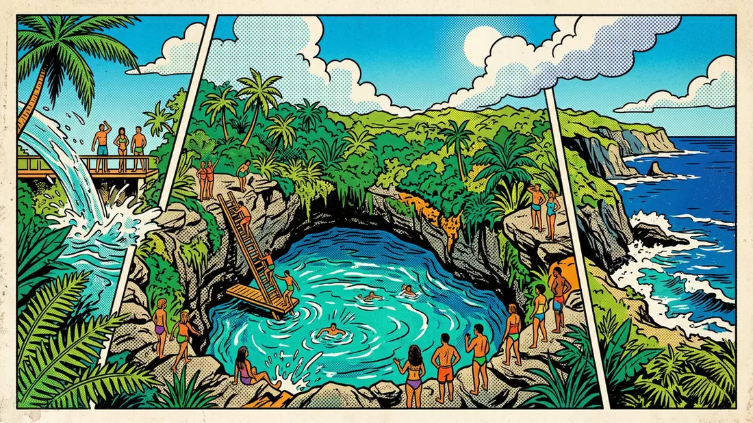Pop-Art-Comic von To-Sua-Ocean-Trench in Lotofaga, Samoa mit Rasterpunkten