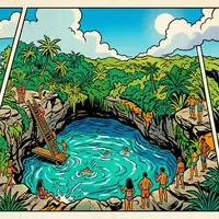 Pop-Art-Comicillustration des Wahrzeichens To-Sua-Ocean-Trench in Lotofaga Samoa, kraeftige Konturen Rasterpunkte und satte Farben - Foto: THN