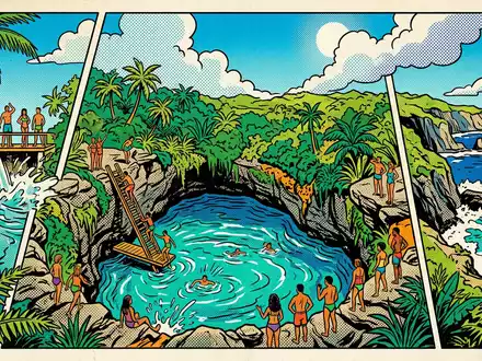 Pop-Art-Comicillustration des Wahrzeichens To-Sua-Ocean-Trench in Lotofaga Samoa, kraeftige Konturen Rasterpunkte und satte Farben - Foto: THN