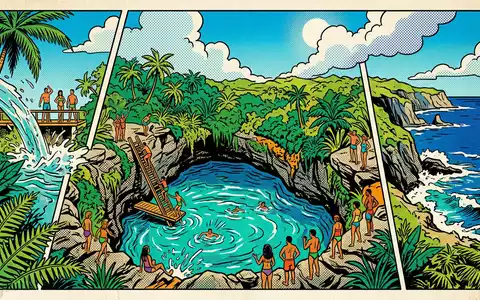 Pop-Art-Comicillustration des Wahrzeichens To-Sua-Ocean-Trench in Lotofaga Samoa, kraeftige Konturen Rasterpunkte und satte Farben - Foto: THN