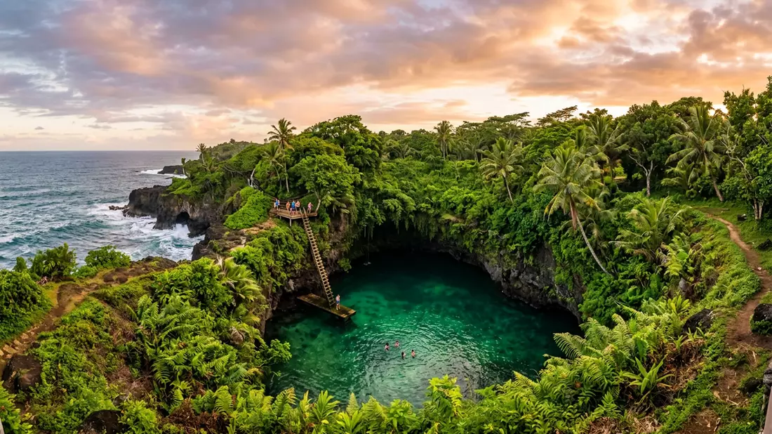 Fotorealistische Ansicht von To-Sua-Ocean-Trench in Lotofaga, Samoa im Abendlicht