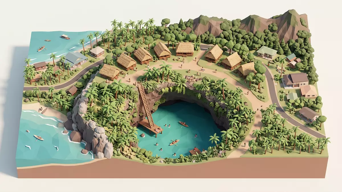 Isometrisches Diorama von To-Sua-Ocean-Trench in Lotofaga, Samoa in Pastell