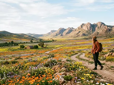 Editorialbild im Reisemagazin-Stil vom Wahrzeichen Namaqualand-Blutenroute in Springbok Sudafrika, ausgewogene Bildgestaltung und natuerliches Umgebungslicht - Foto: THN