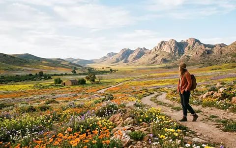 Editorialbild im Reisemagazin-Stil vom Wahrzeichen Namaqualand-Blutenroute in Springbok Sudafrika, ausgewogene Bildgestaltung und natuerliches Umgebungslicht - Foto: THN