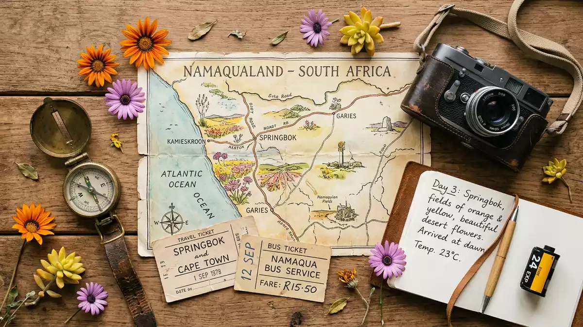 Flatlay-Reise-Arrangement rund um Namaqualand-Blutenroute in Springbok, Sudafrika