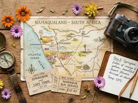 Flatlay-Reise-Arrangement rund um Namaqualand-Blutenroute in Springbok Sudafrika, Karte Kompass Kamera und generische Reiserequisiten - Foto: THN