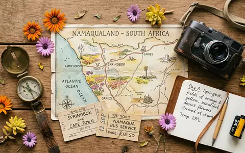 Flatlay-Reise-Arrangement rund um Namaqualand-Blutenroute in Springbok Sudafrika, Karte Kompass Kamera und generische Reiserequisiten - Foto: THN