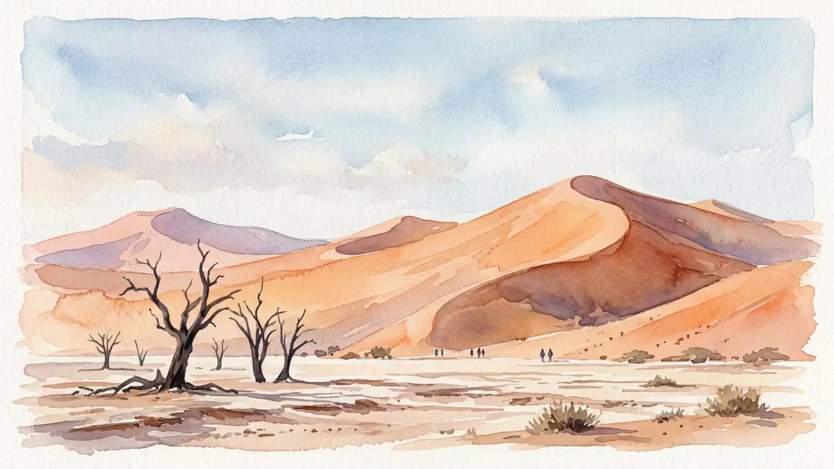 Aquarell-Illustration von Namib-Wuste in Sossusvlei, Namibia als Reiseposter