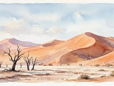 Aquarellillustration des Wahrzeichens Namib-Wuste in Sossusvlei Namibia, weiche Farbverläufe und pastelliges Reiseposter-Feeling - Foto: THN