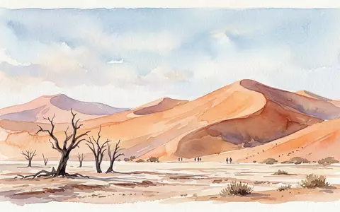 Aquarellillustration des Wahrzeichens Namib-Wuste in Sossusvlei Namibia, weiche Farbverläufe und pastelliges Reiseposter-Feeling - Foto: THN