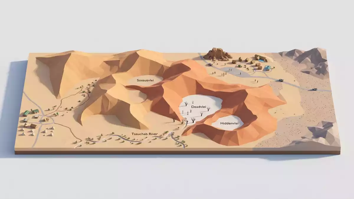 Isometrisches Diorama von Namib-Wuste in Sossusvlei, Namibia in Pastell