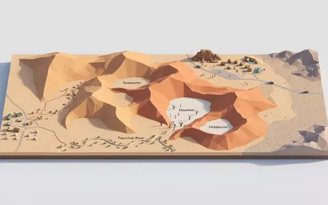 Isometrisches Diorama von Namib-Wuste und Umgebung in Sossusvlei Namibia, verspielte Low-Poly-Kulisse in Pastellfarben - Foto: THN