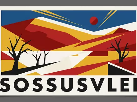 Bauhaus-Poster als geometrische Abstraktion von Namib-Wuste in Sossusvlei Namibia, kraeftige Grundfarben und harte Formkanten - Foto: THN