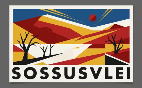 Bauhaus-Poster als geometrische Abstraktion von Namib-Wuste in Sossusvlei Namibia, kraeftige Grundfarben und harte Formkanten - Foto: THN