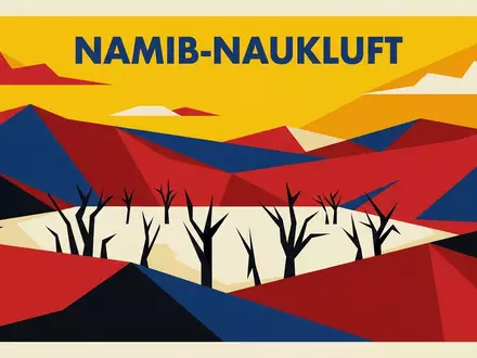 Bauhaus-Poster als geometrische Abstraktion von Deadvlei in Namib-Naukluft Namibia, kraeftige Grundfarben und harte Formkanten - Foto: THN