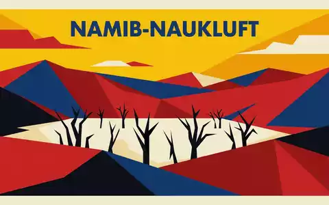 Bauhaus-Poster als geometrische Abstraktion von Deadvlei in Namib-Naukluft Namibia, kraeftige Grundfarben und harte Formkanten - Foto: THN
