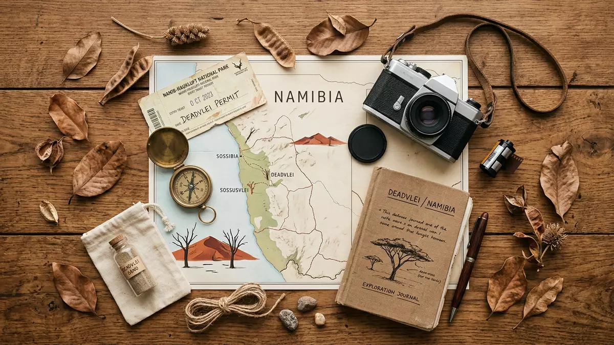 Flatlay-Reise-Arrangement rund um Deadvlei in Namib-Naukluft, Namibia