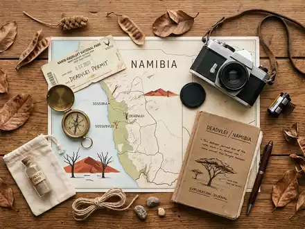 Flatlay-Reise-Arrangement rund um Deadvlei in Namib-Naukluft Namibia, Karte Kompass Kamera und generische Reiserequisiten - Foto: THN