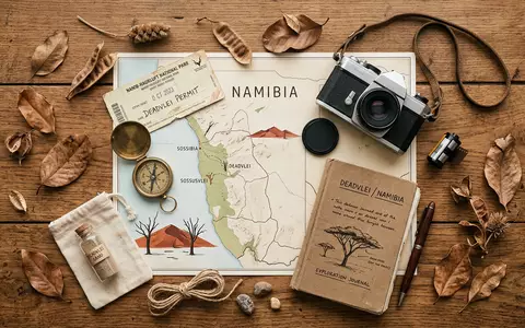 Flatlay-Reise-Arrangement rund um Deadvlei in Namib-Naukluft Namibia, Karte Kompass Kamera und generische Reiserequisiten - Foto: THN