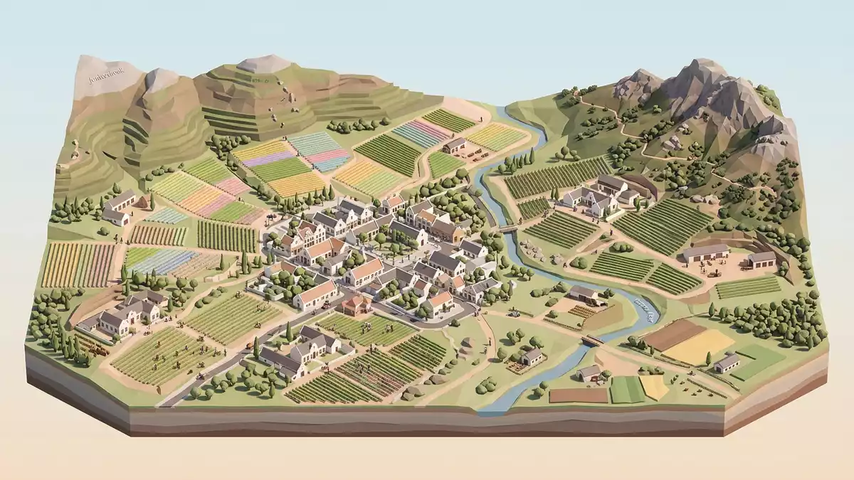 Isometrisches Diorama von Weinland Stellenbosch in Stellenbosch, Sudafrika in Pastell