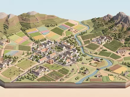 Isometrisches Diorama von Weinland Stellenbosch und Umgebung in Stellenbosch Sudafrika, verspielte Low-Poly-Kulisse in Pastellfarben - Foto: THN