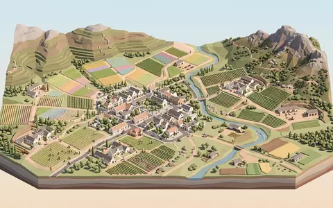 Isometrisches Diorama von Weinland Stellenbosch und Umgebung in Stellenbosch Sudafrika, verspielte Low-Poly-Kulisse in Pastellfarben - Foto: THN