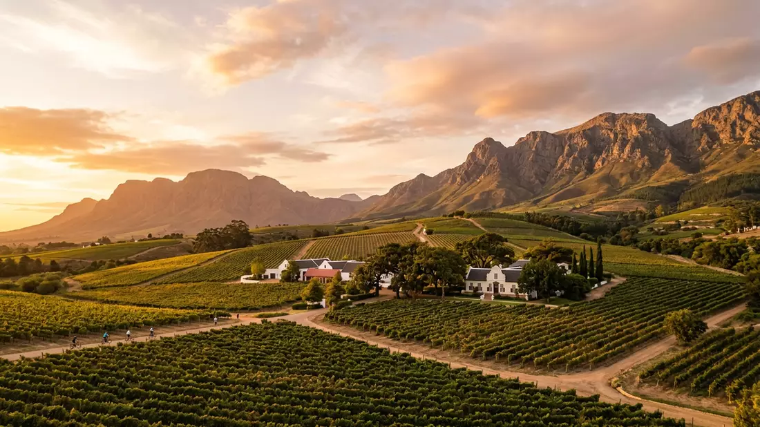 Fotorealistische Ansicht von Weinland Stellenbosch in Stellenbosch, Sudafrika im Abendlicht