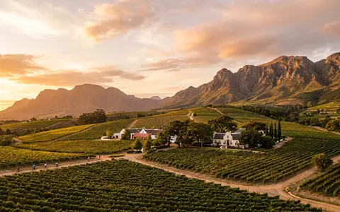 Fotorealistische Panoramaaufnahme von Weinland Stellenbosch in Stellenbosch Sudafrika, warmes Abendlicht auf Wahrzeichen - Foto: THN