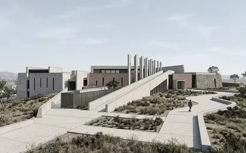 Moderner Architektur-Render zeigt Silhouette von Apartheid Museum Johannesburg in Johannesburg Sudafrika, klare Linien und neutrales - Foto: THN