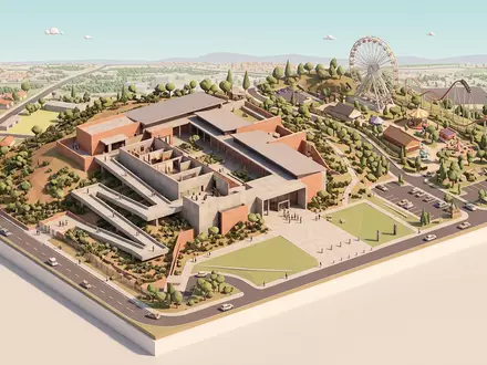 Isometrisches Diorama von Apartheid Museum Johannesburg und Umgebung in Johannesburg Sudafrika, verspielte Low-Poly-Kulisse in Pastellfarben - Foto: THN