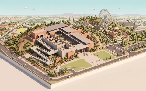 Isometrisches Diorama von Apartheid Museum Johannesburg und Umgebung in Johannesburg Sudafrika, verspielte Low-Poly-Kulisse in Pastellfarben - Foto: THN