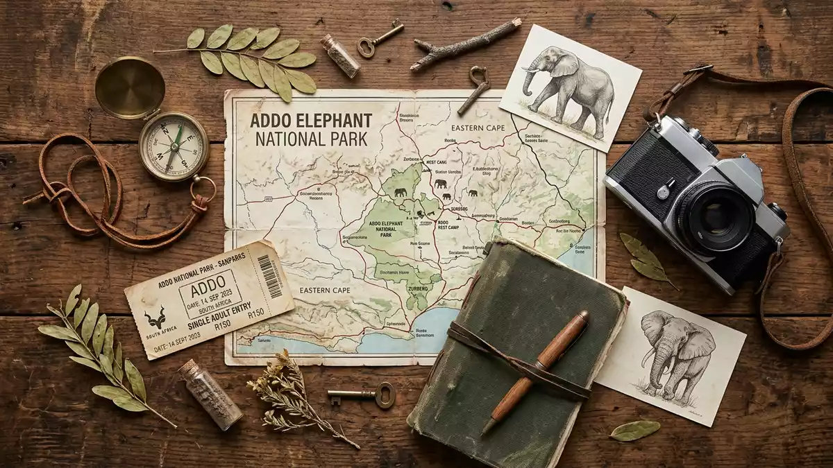 Flatlay-Reise-Arrangement rund um Addo-Elefanten-Nationalpark in Addo, Sudafrika
