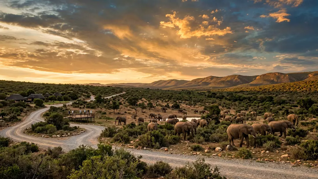 Fotorealistische Ansicht von Addo-Elefanten-Nationalpark in Addo, Sudafrika im Abendlicht