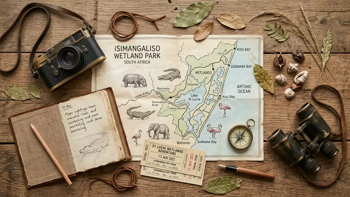 Flatlay-Reise-Arrangement rund um iSimangaliso Wetland Park in St. Lucia, Sudafrika