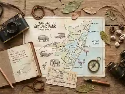 Flatlay-Reise-Arrangement rund um iSimangaliso Wetland Park in St. Lucia Sudafrika, Karte Kompass Kamera und generische - Foto: THN