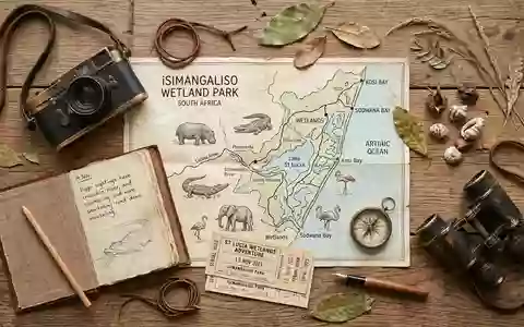 Flatlay-Reise-Arrangement rund um iSimangaliso Wetland Park in St. Lucia Sudafrika, Karte Kompass Kamera und generische - Foto: THN