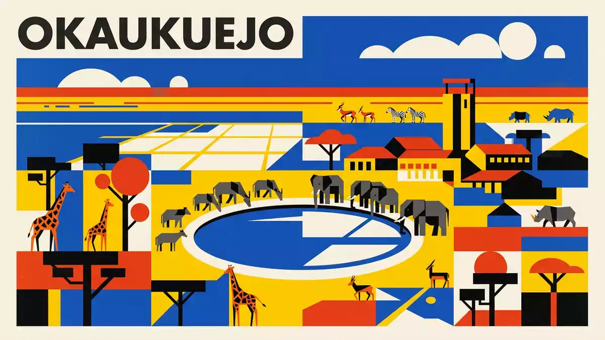 Bauhaus-Poster als Abstraktion von Etosha-Nationalpark in Okaukuejo, Namibia