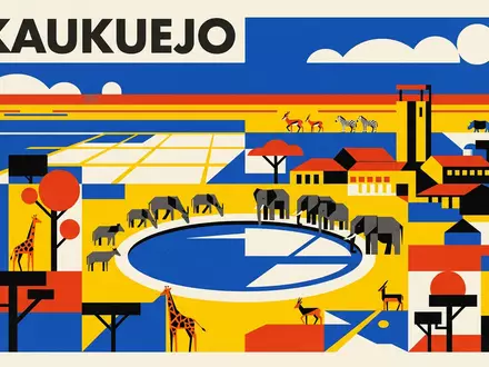 Bauhaus-Poster als geometrische Abstraktion von Etosha-Nationalpark in Okaukuejo Namibia, kraeftige Grundfarben und harte Formkanten - Foto: THN